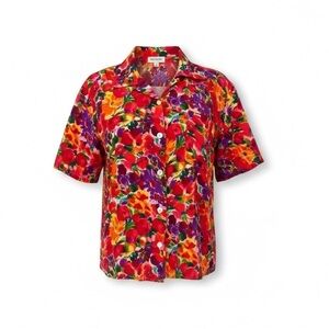 VTG 80s Sellecca 100% Silk Floral Cabana Resort Cruise Blouse Womens L